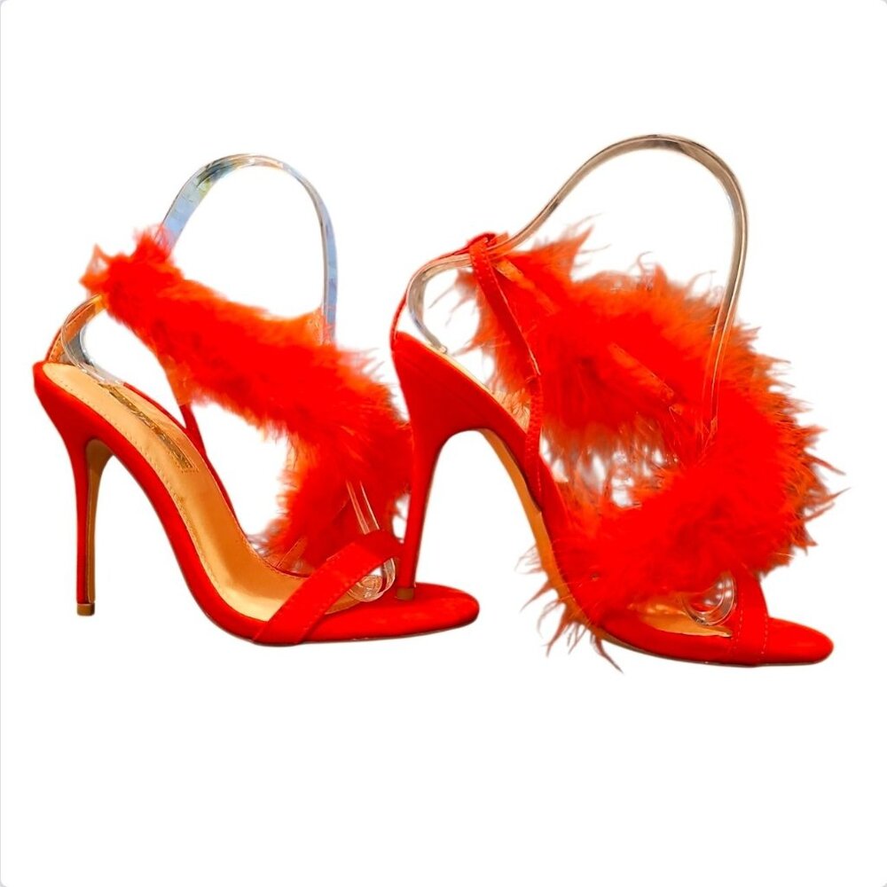 Bright Red Feathered High Heel Stiletto Open Toe Sandals With Dramatic Plume Acc - Picture 6 of 8
